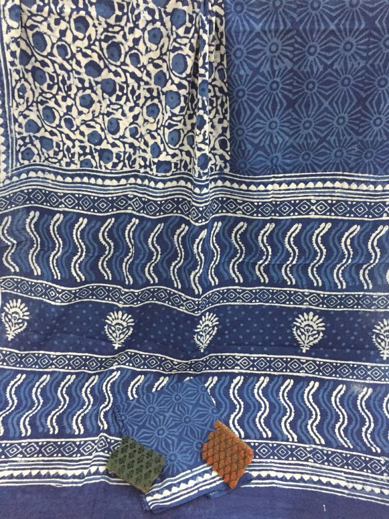 Natural indigo dabu floral print casual wear cotton mulmul saree with blouse
