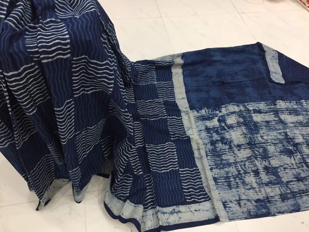 Natural indigo dabu waves print regular wear cotton mulmul saree with blouse