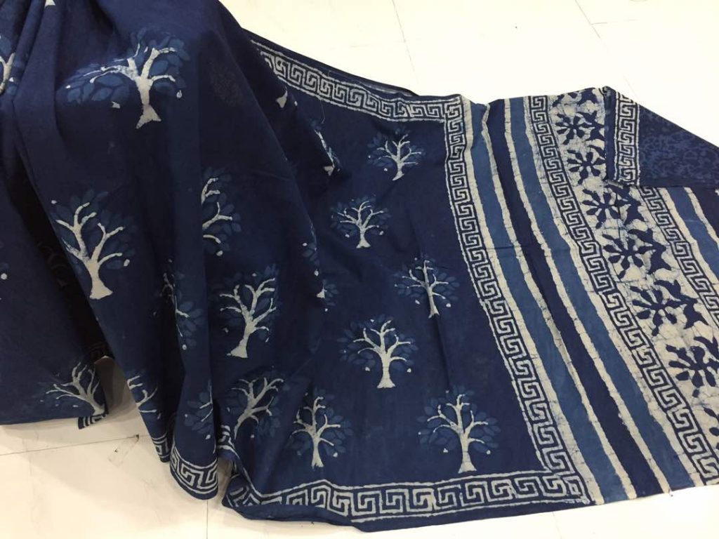 Natural indigo dabu tree print regular wear cotton mulmul saree with blouse