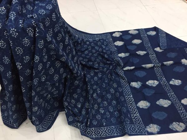 Natural indigo dabu booty print daily wear cotton mulmul saree with blouse piece
