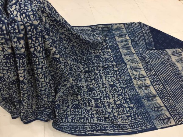 Traditional indigo dabu print daily wear cotton mulmul saree with blouse piece