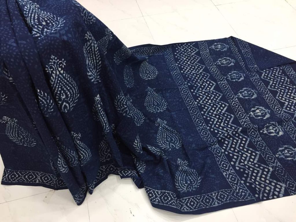 Traditional indigo dabu print casual wear cotton mulmul saree with blouse