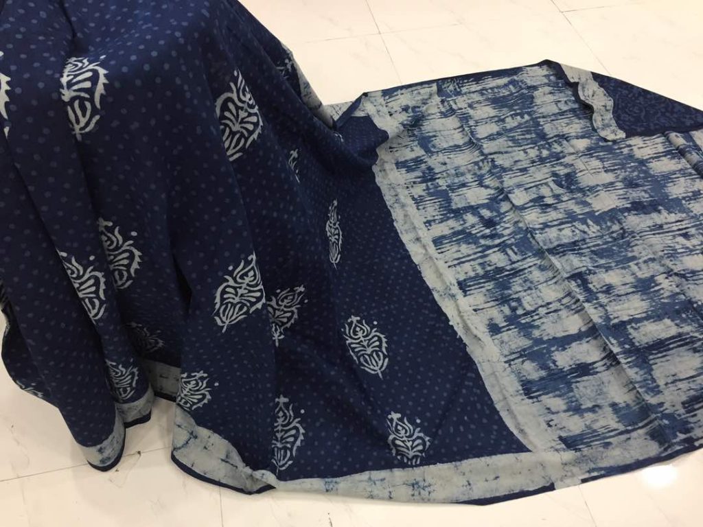 Traditional indigo dabu print casual wear cotton mulmul saree with blouse piece