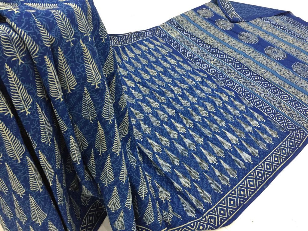 Natural indigo dabu leaf print casual wear cotton mulmul saree with blouse