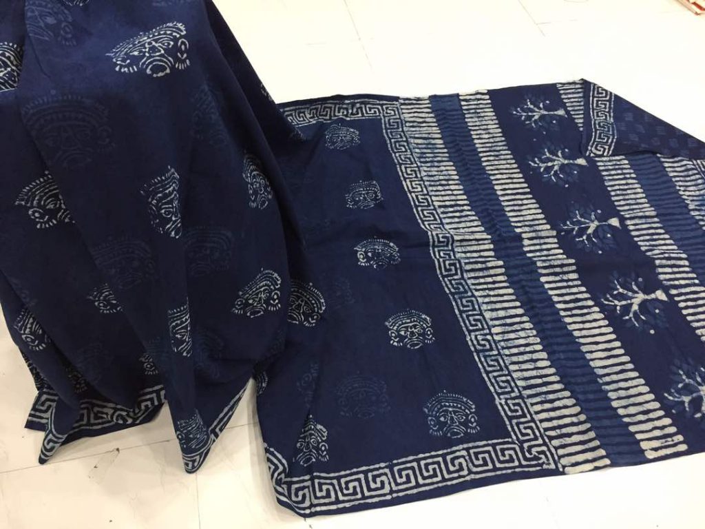 Traditional indigo dabu kalamkari print casual wear cotton mulmul saree with blouse