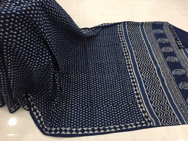 Traditional indigo dabu dots print casual wear cotton mulmul saree with blouse