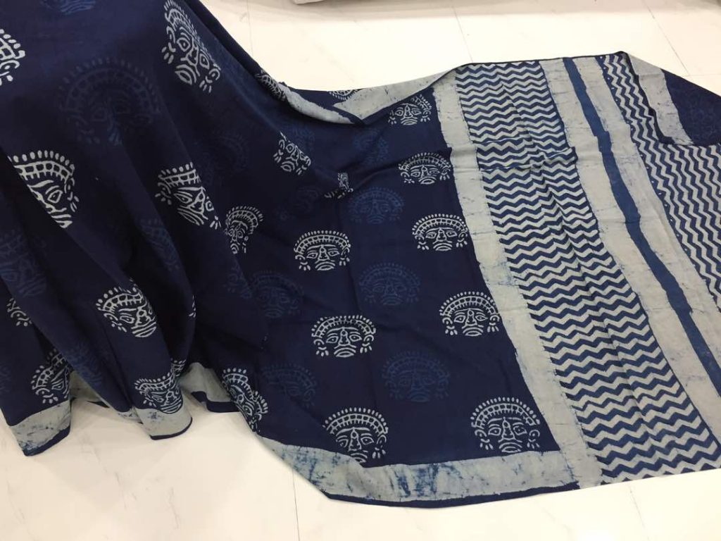 Traditional indigo dabu kalamkari print casual wear cotton mulmul saree with blouse piece