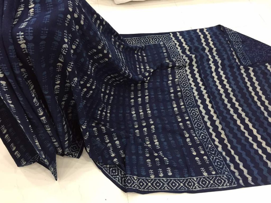 Traditional indigo dabu booty print casual wear cotton mulmul saree with blouse