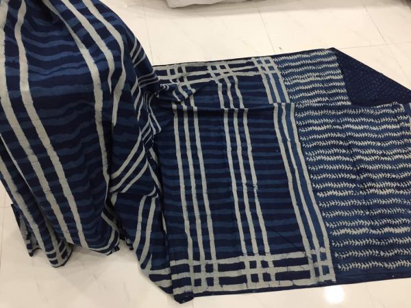 Traditional indigo dabu strips print casual wear cotton mulmul saree with blouse