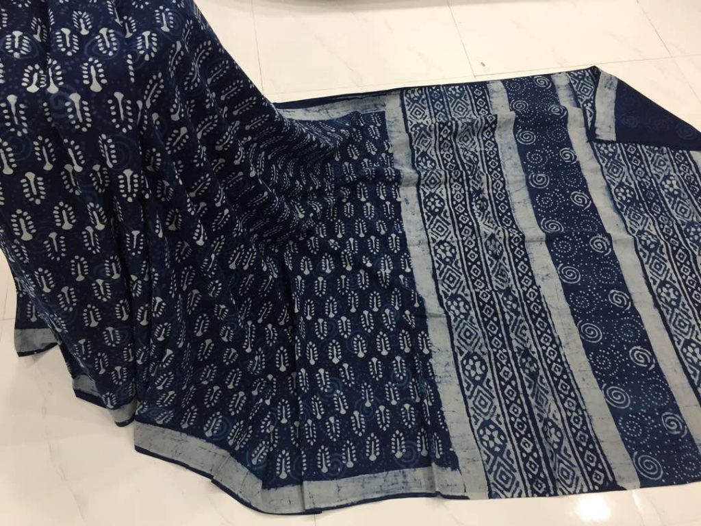 Traditional indigo dabu booty print regular wear cotton mulmul saree with blouse