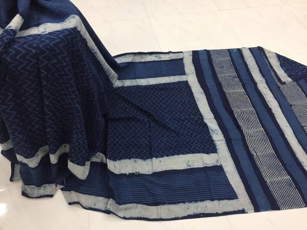 Traditional indigo dabu zigzag print regular wear cotton mulmul saree with blouse