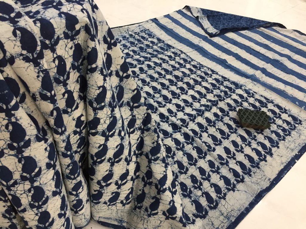 Natural indigo dabu kerry print casual wear cotton mulmul saree with blouse piece