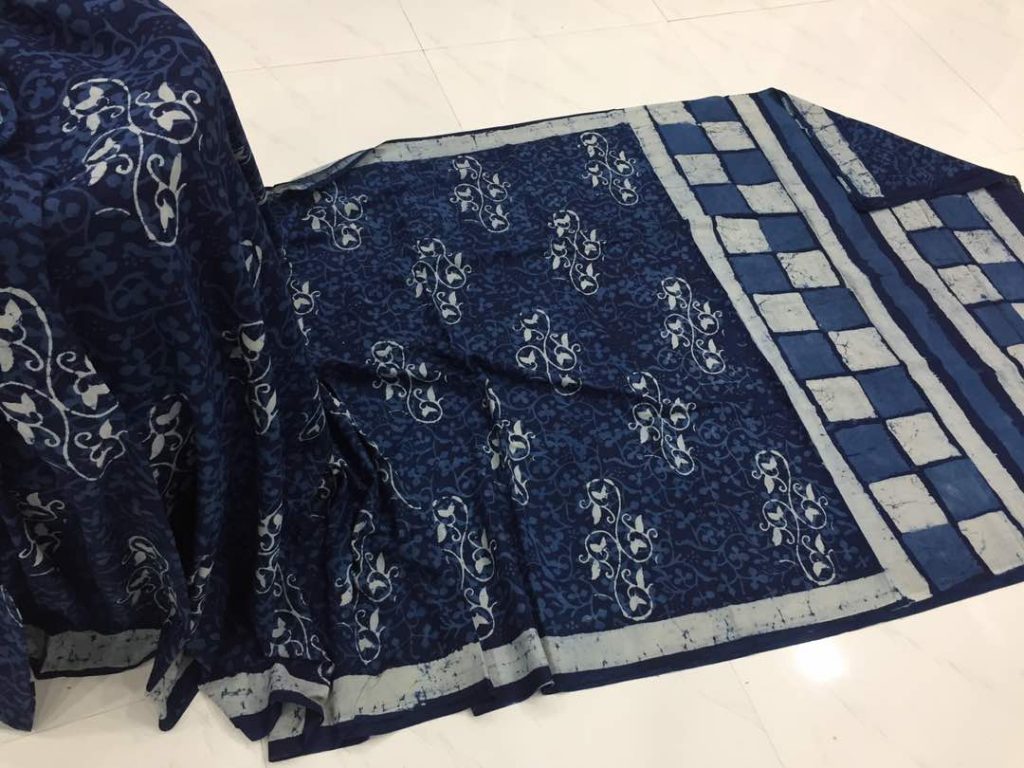 Traditional indigo dabu print regular wear cotton mulmul saree with blouse