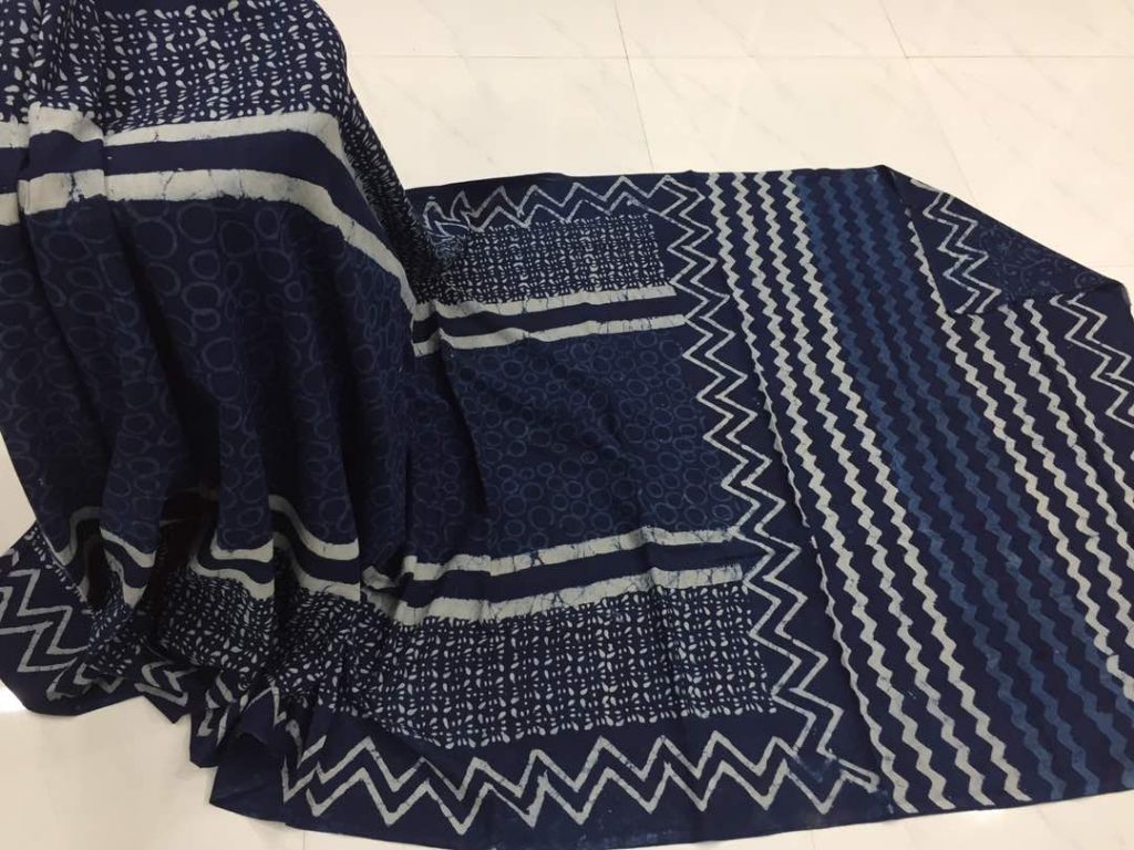 Traditional indigo dabu zigzag print daily wear cotton mulmul saree with blouse