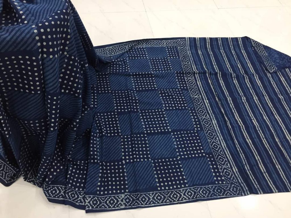 Traditional indigo dabu square print regular wear cotton mulmul saree with blouse