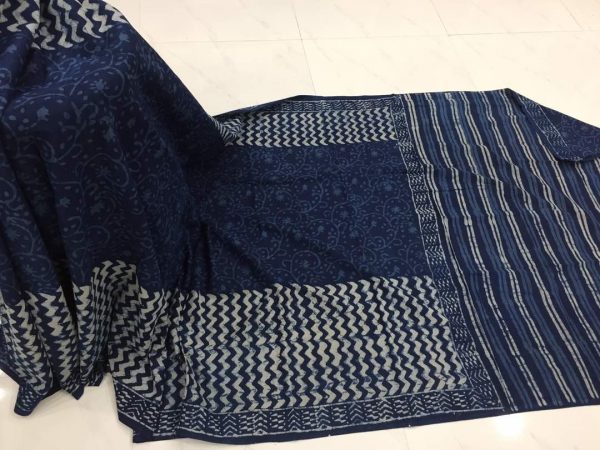 Traditional indigo dabu strips print regular wear cotton mulmul saree with blouse