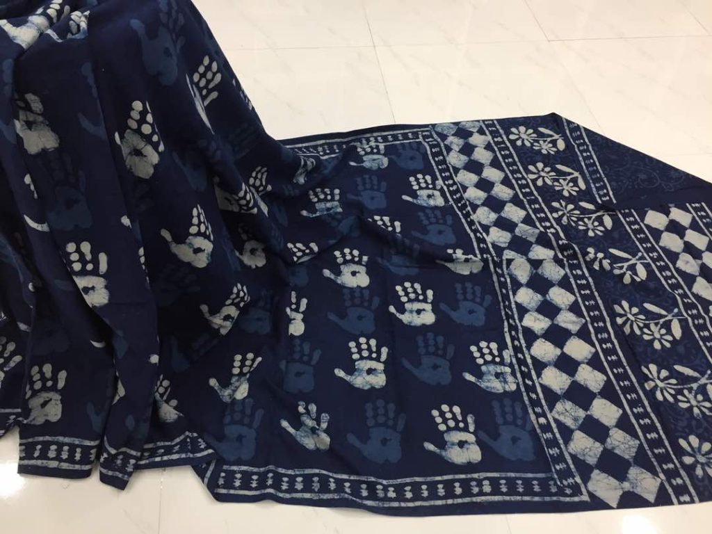 Traditional indigo dabu hand print regular wear cotton mulmul saree with blouse
