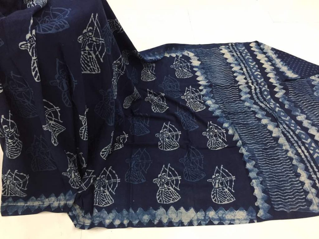 Traditional indigo dabu couple print regular wear cotton mulmul saree with blouse