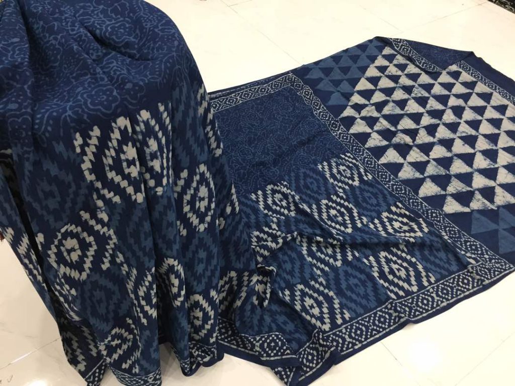 Traditional indigo dabu triangle print regular wear cotton mulmul saree with blouse