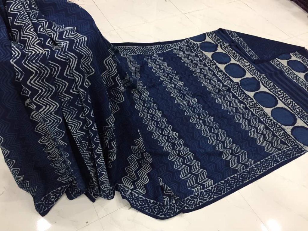 Traditional indigo dabu zigzag print daily wear cotton mulmul saree with blouse piece