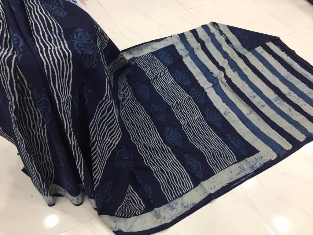 Traditional indigo dabu waves print regular wear cotton mulmul saree with blouse