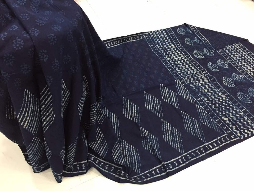 Traditional indigo dabu print party wear cotton mulmul saree with blouse piece