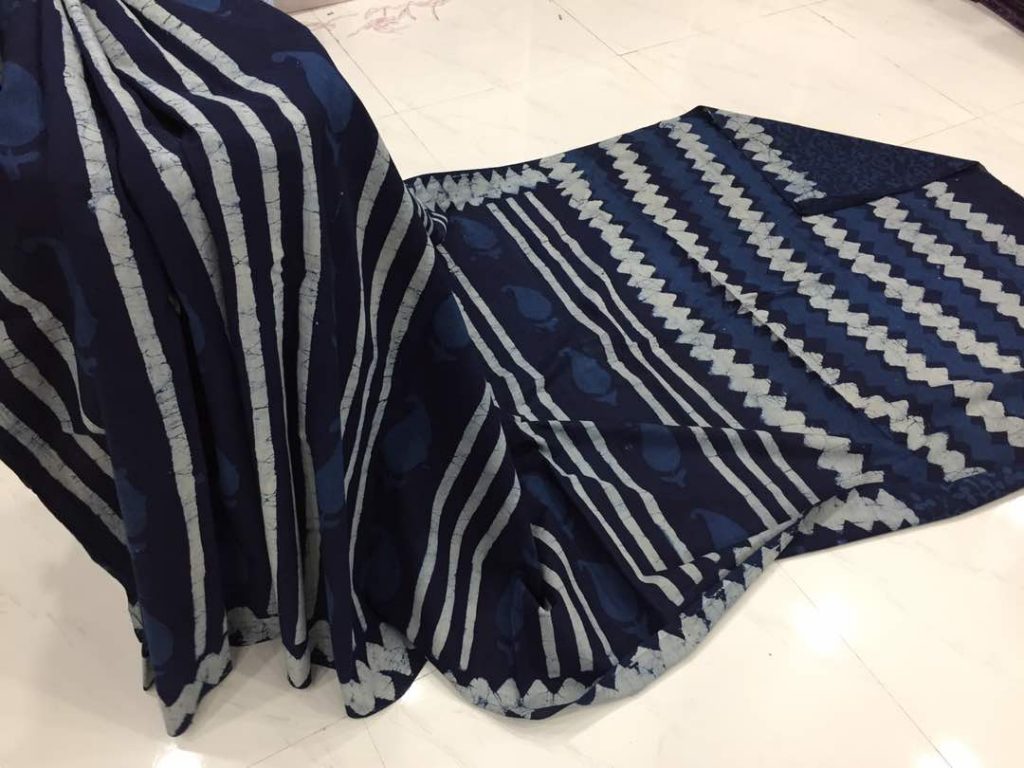 Traditional indigo dabu strips print casual wear cotton mulmul saree with blouse piece