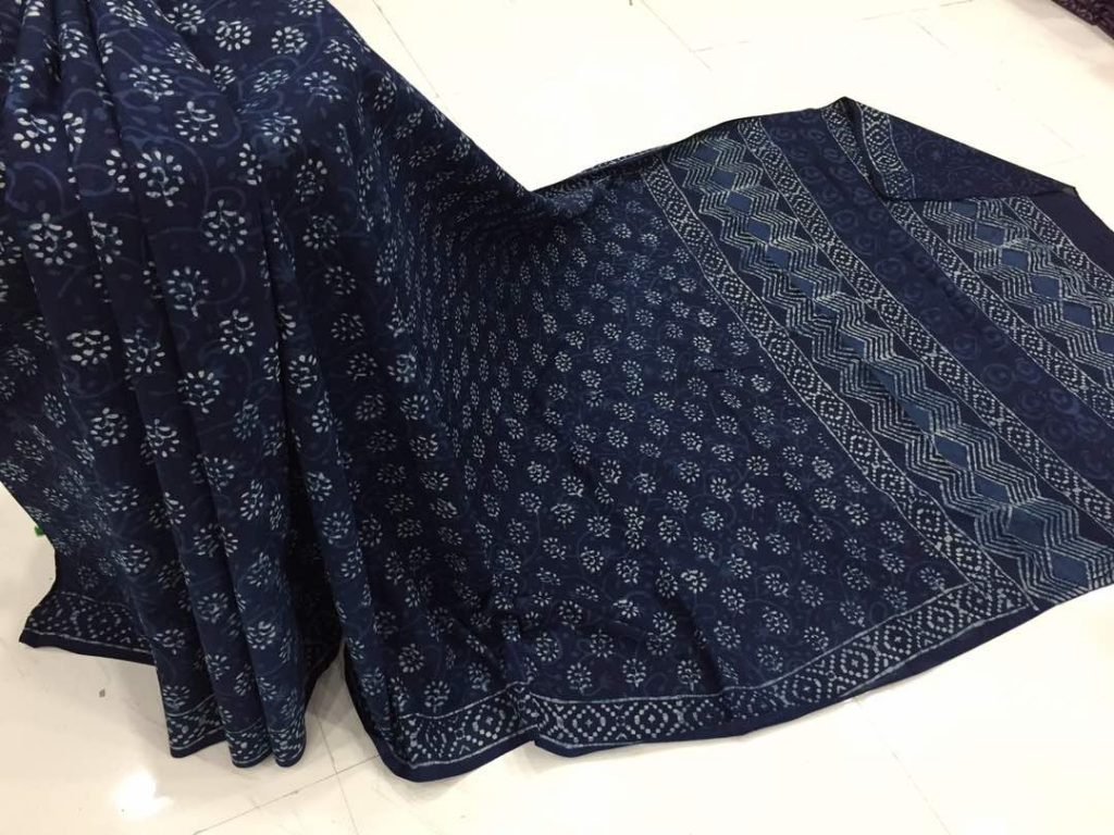 Ladies indigo dabu booty print casual wear cotton mulmul saree with blouse piece