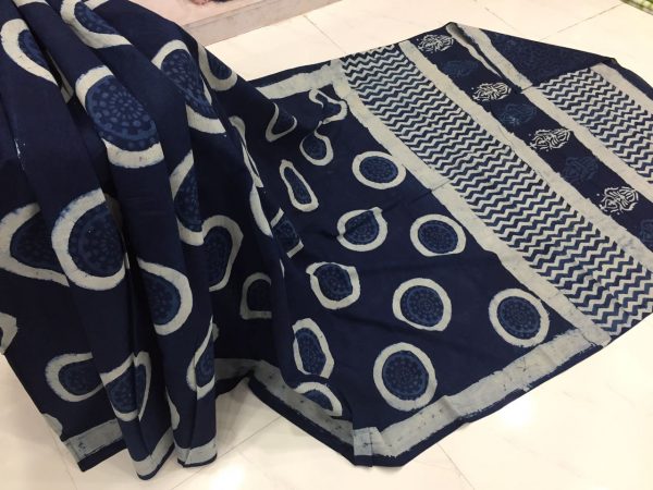 Ladies indigo dabu circle print casual wear cotton mulmul saree with blouse