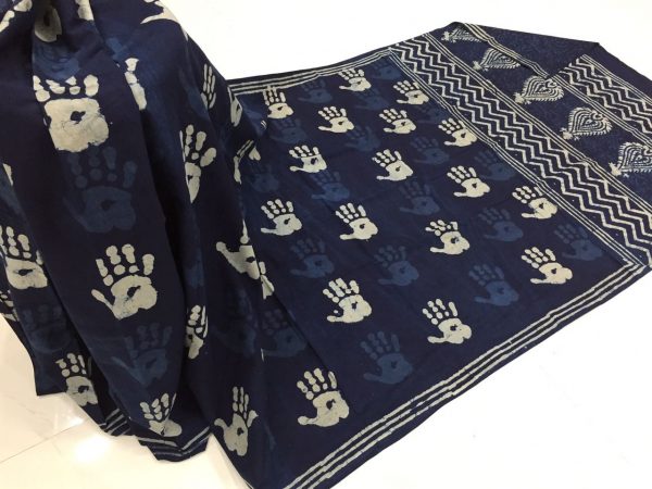 Natural indigo dabu hand print casual wear cotton mulmul saree with blouse
