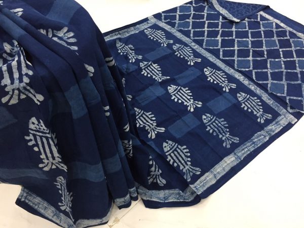 Ladies indigo dabu fish print regular wear cotton mulmul saree with blouse piece