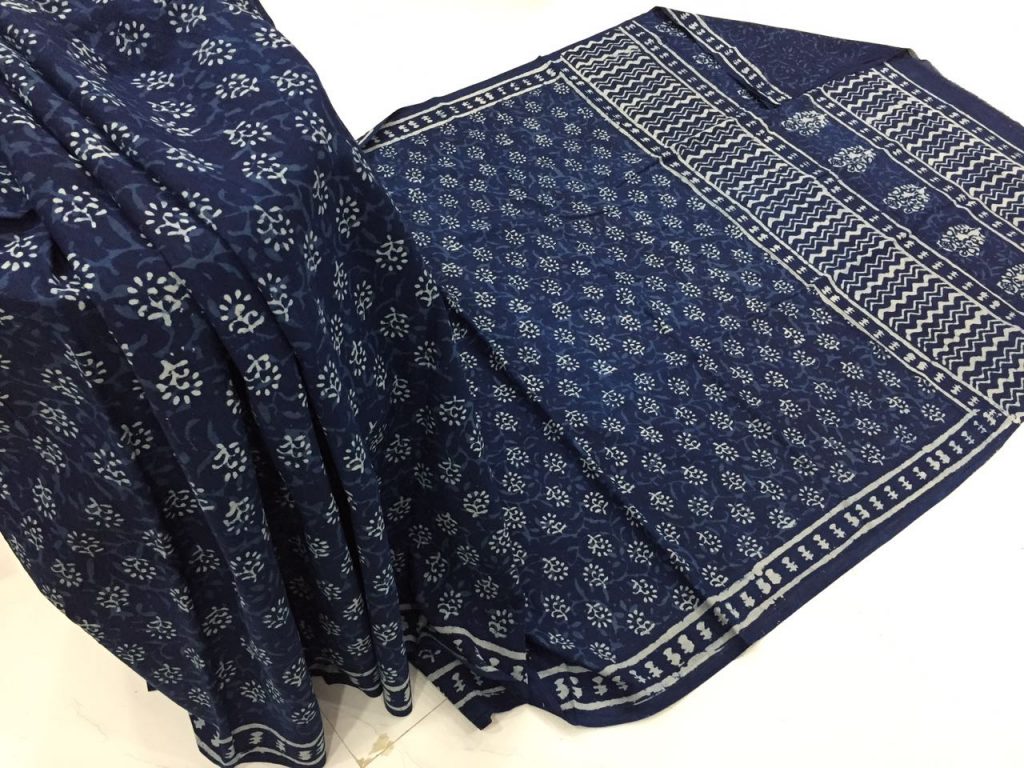 Ladies indigo dabu booty print regular wear cotton mulmul saree with blouse piece