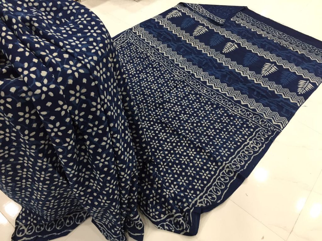 Superior quality indigo dabu print regular wear cotton mulmul saree with blouse piece