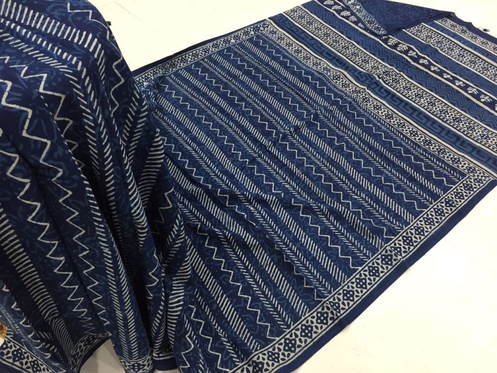 Superior quality indigo dabu zigzag print casual wear cotton mulmul saree with blouse piece