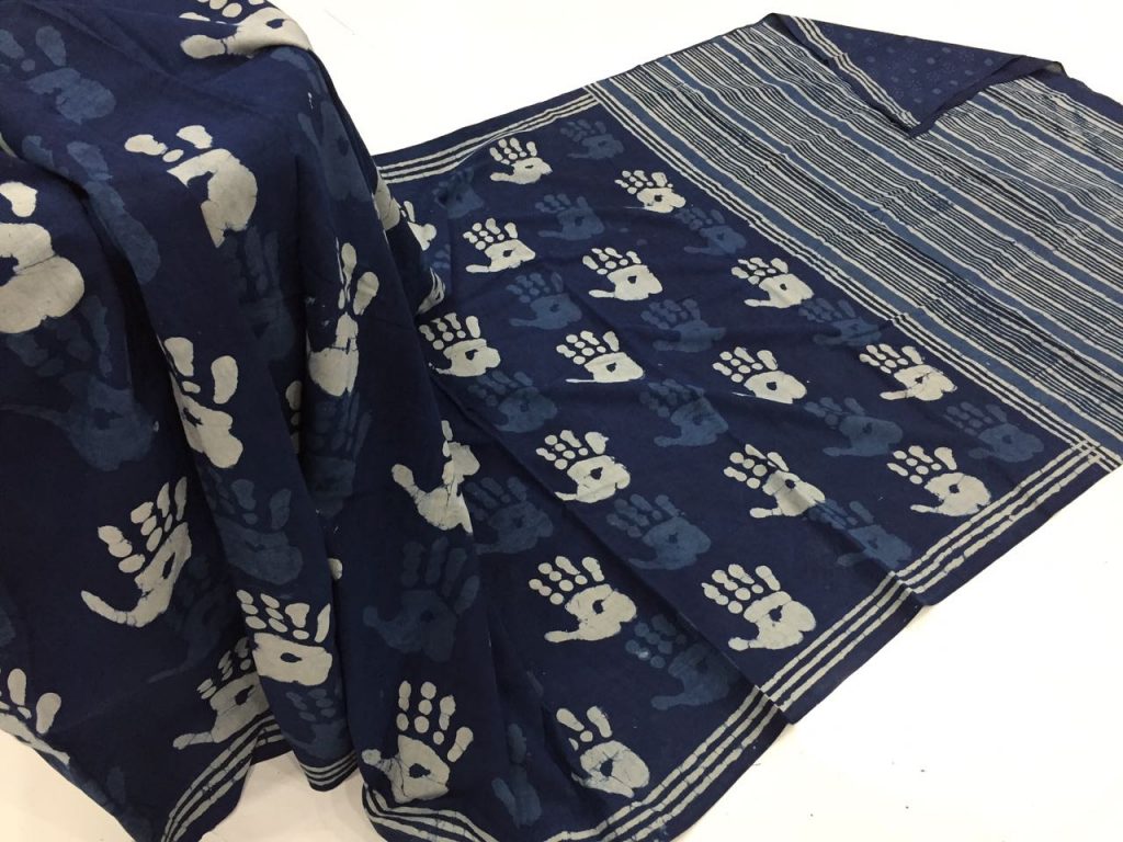 Superior quality indigo dabu hand print regular wear cotton mulmul saree with blouse piece