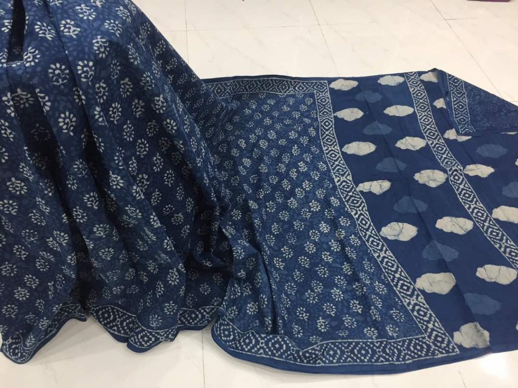 Natural indigo dabu booty print casual wear cotton mulmul saree with blouse piece