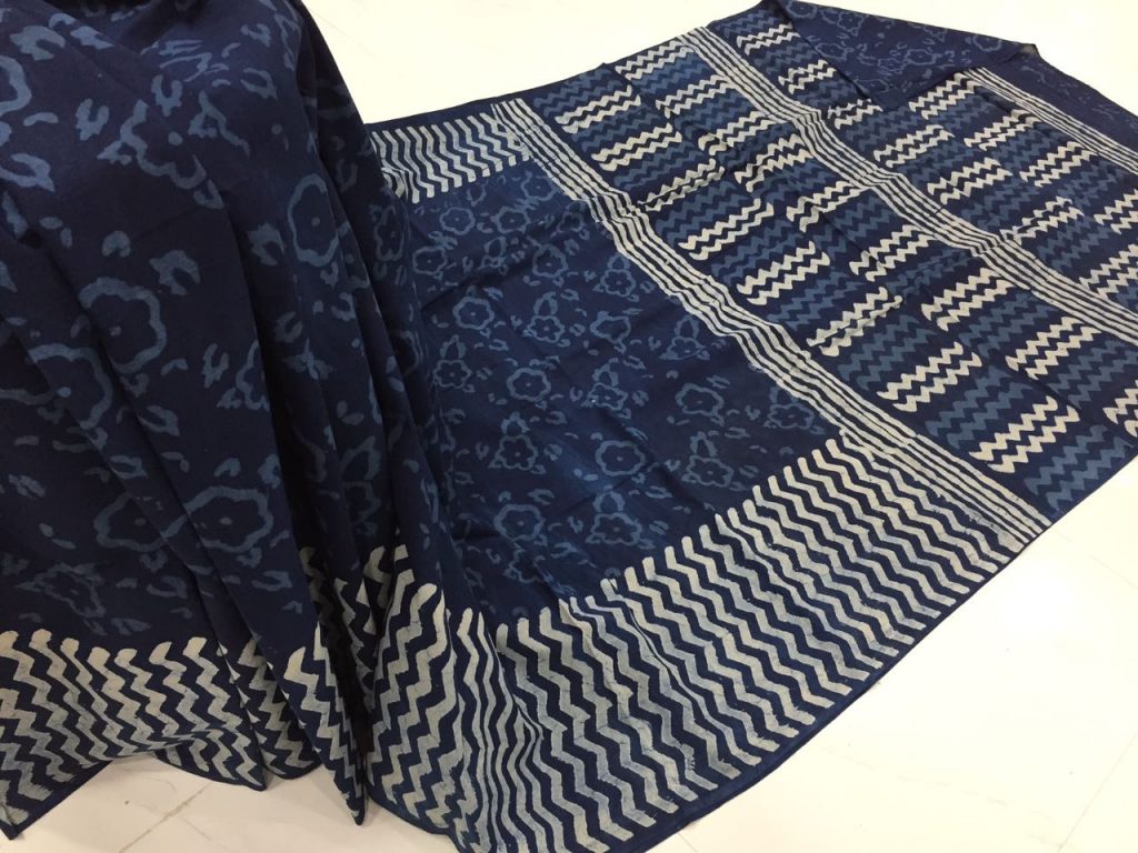 Superior quality indigo dabu zigzag print daily wear cotton mulmul saree with blouse piece