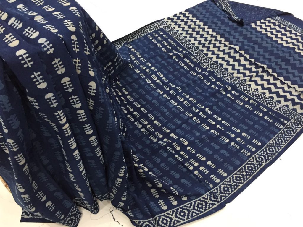 Superior quality indigo dabu booty print casual wear cotton mulmul saree with blouse piece