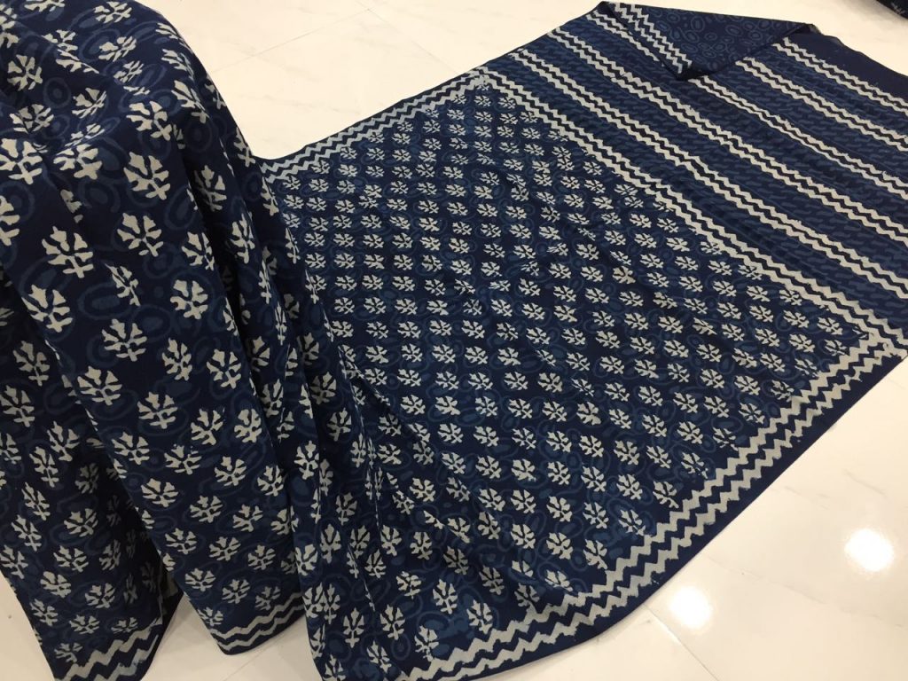 Superior quality indigo dabu booty print daily wear cotton mulmul saree with blouse piece