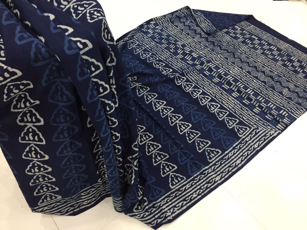 Superior quality indigo dabu print daily wear cotton mulmul saree with blouse