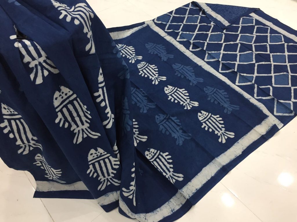 Superior quality indigo dabu fish print daily wear cotton mulmul saree with blouse piece