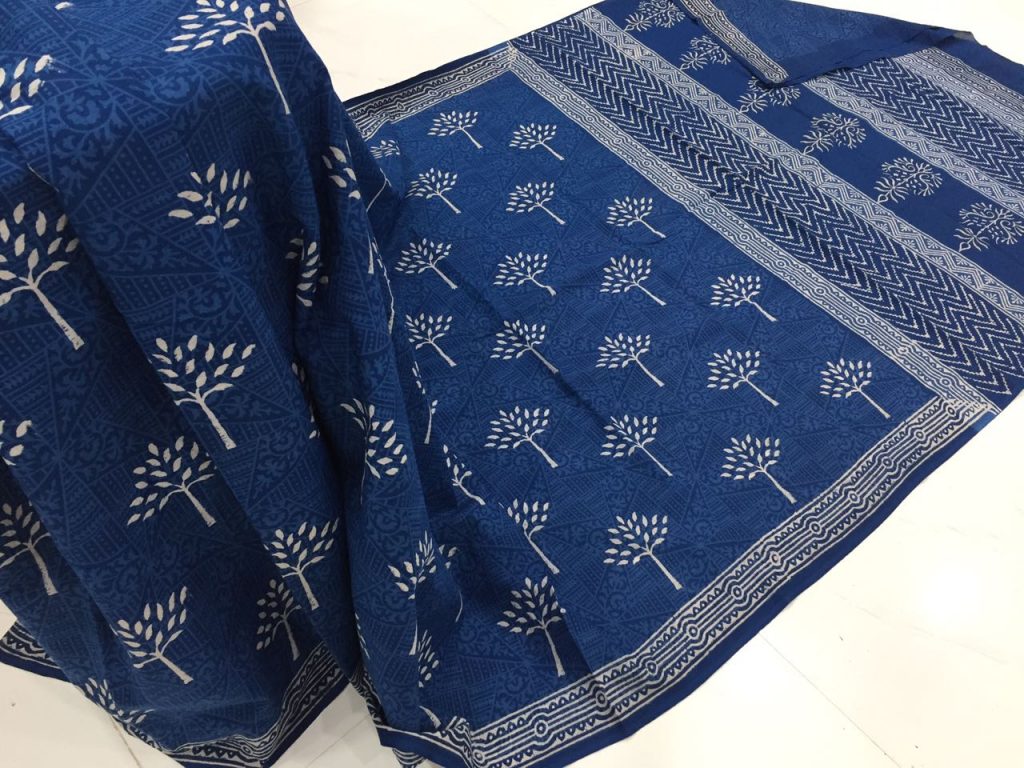 Superior quality indigo dabu tree print daily wear cotton mulmul saree with blouse piece