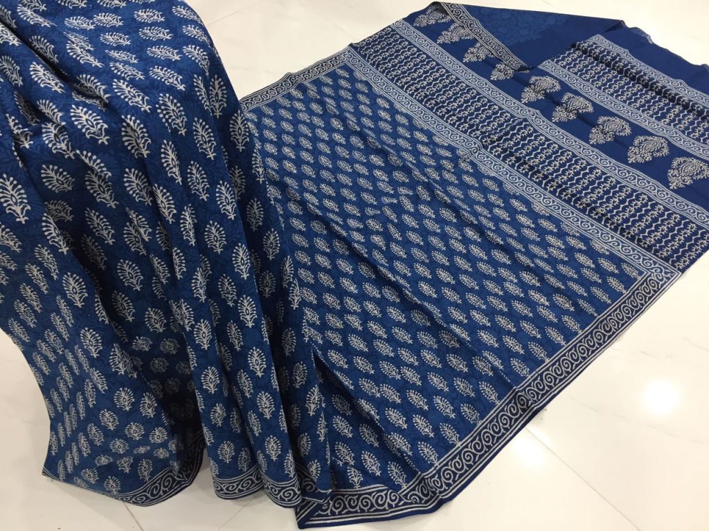 Superior quality indigo dabu booty print casual wear cotton mulmul saree with blouse