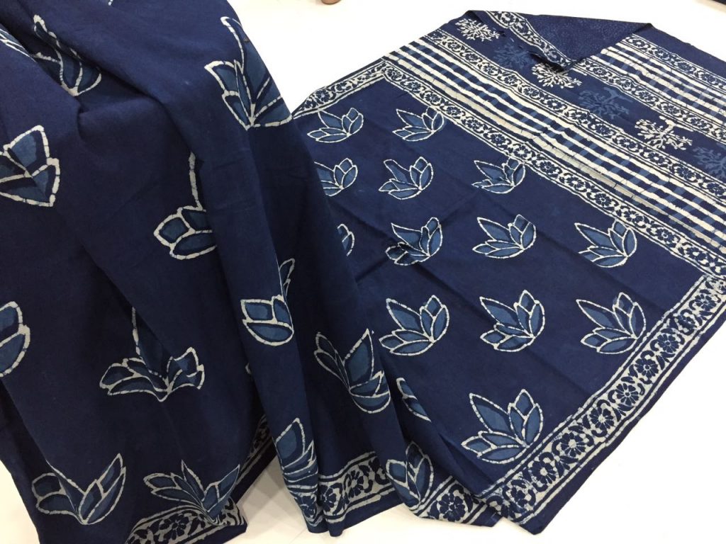 Superior quality indigo dabu floral print daily wear cotton mulmul saree with blouse piece