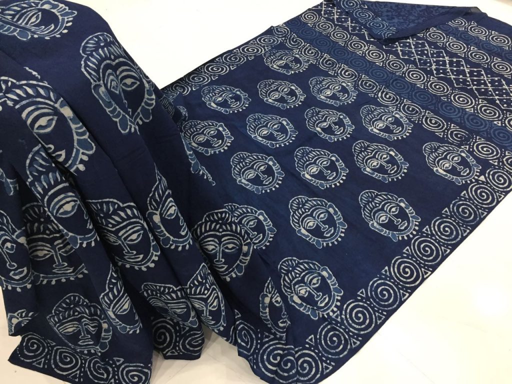 Superior quality indigo dabu kalamkari print daily wear cotton mulmul saree with blouse piece