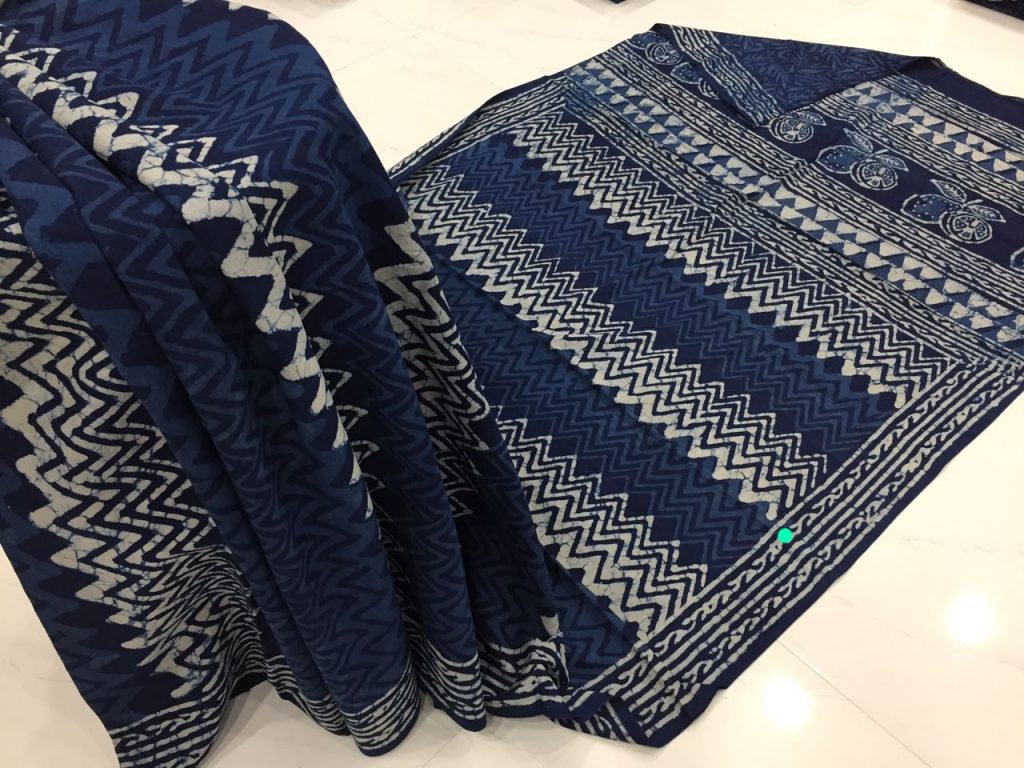 Superior quality indigo dabu zigzag print daily wear cotton mulmul saree with blouse