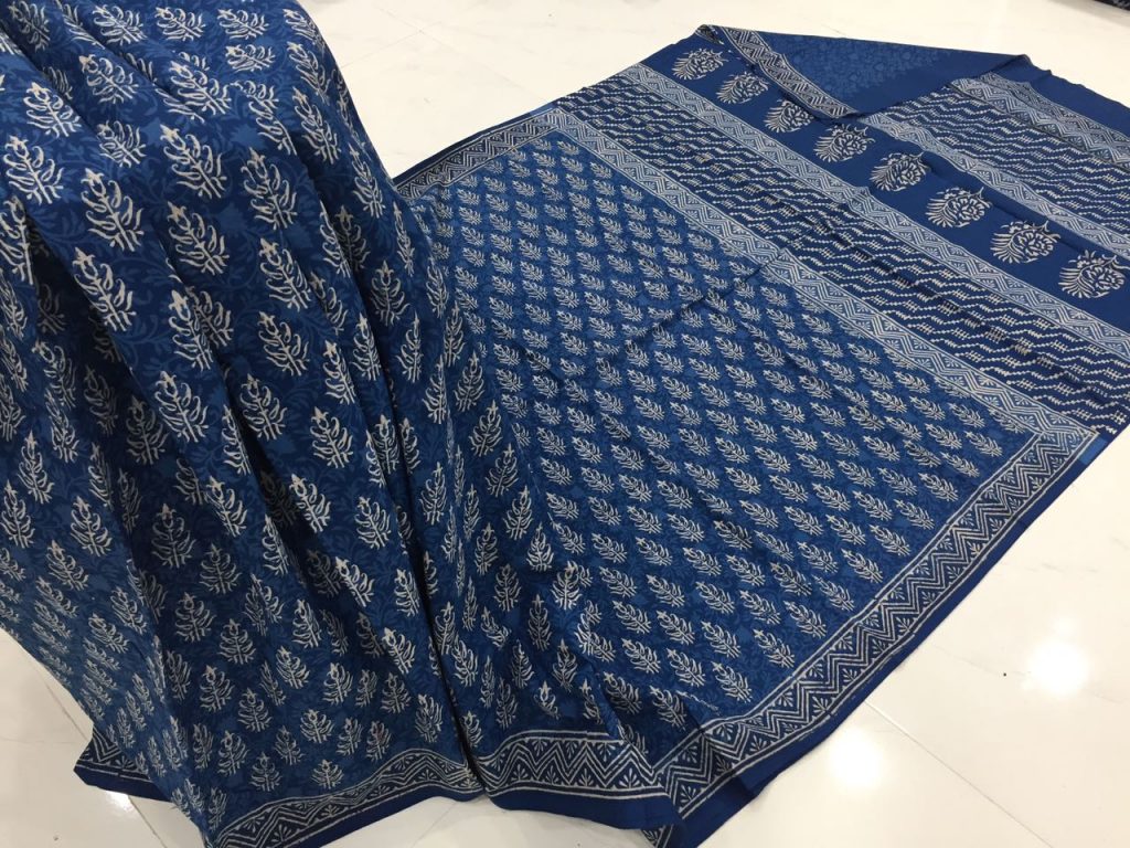 Jaipuri indigo dabu booty print daily wear cotton mulmul saree with blouse piece