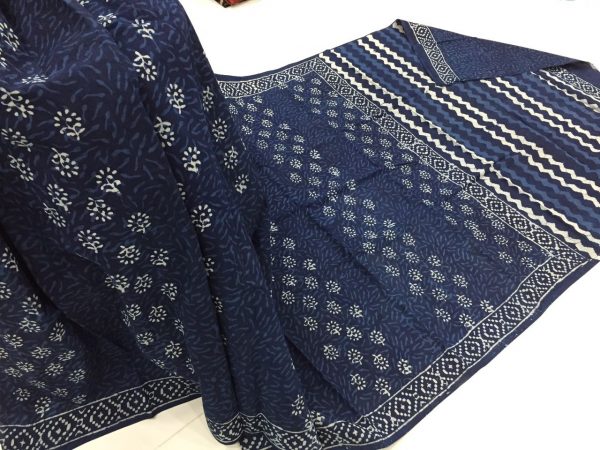 Jaipuri indigo dabu booty print regular wear cotton mulmul saree with blouse piece