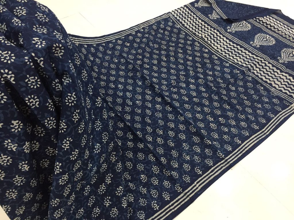 Jaipuri indigo dabu booty print casual wear cotton mulmul saree with blouse piece