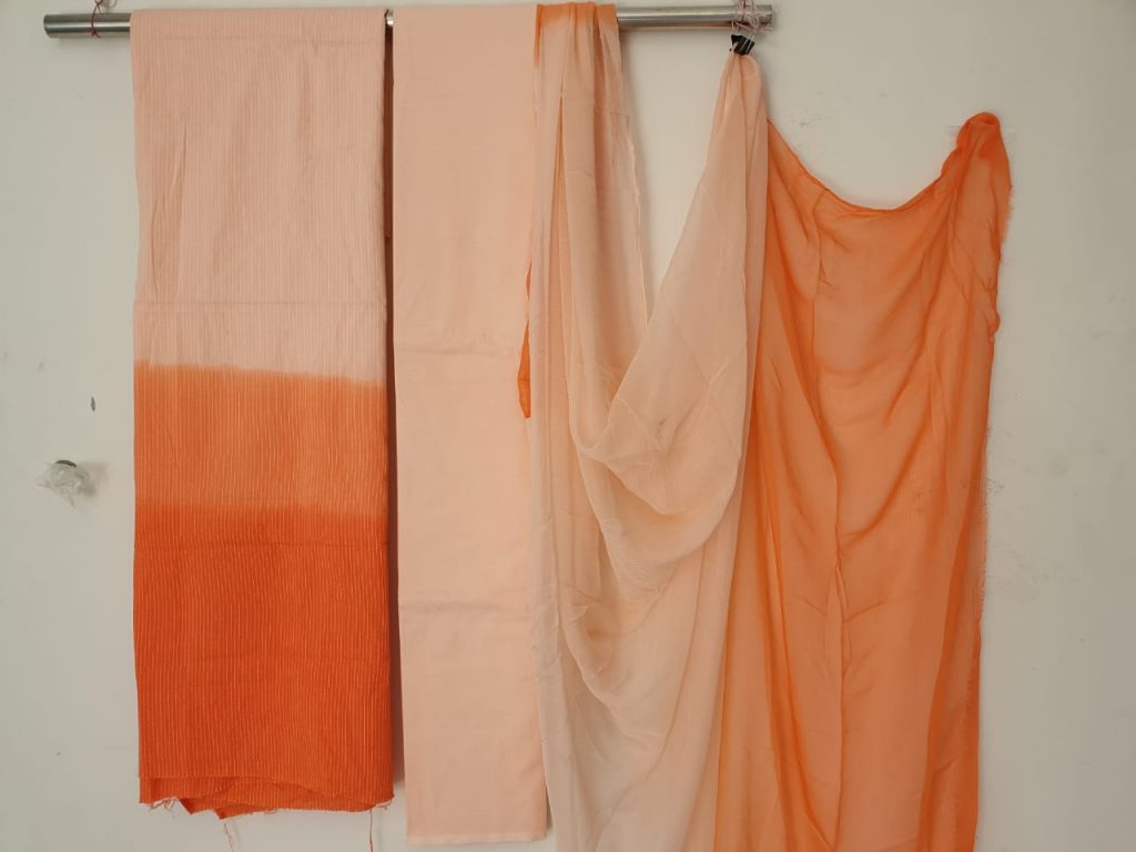 Orange plain shaded kantha suit set with pure chiffon dupatta